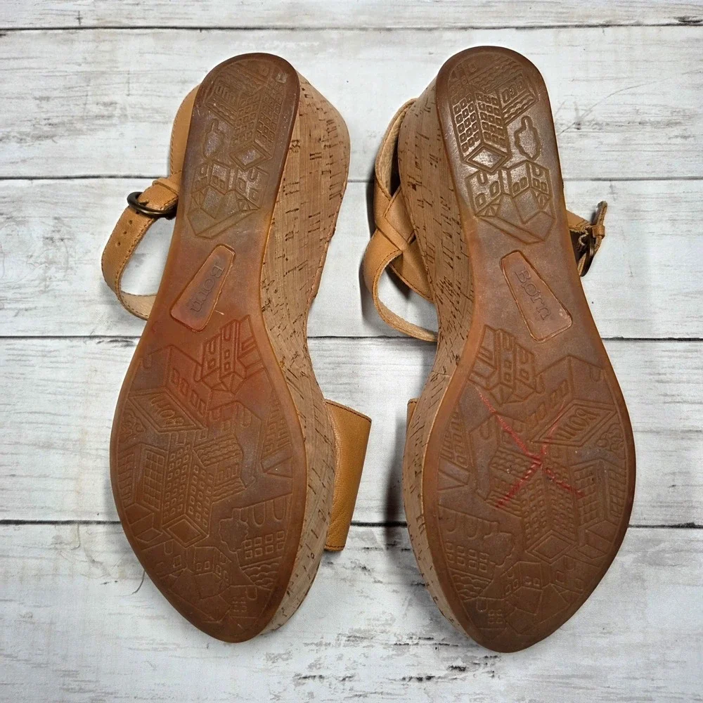 Born B81592 Platform Wedge Sandals Strappy Women 10 Tan Leather Cork